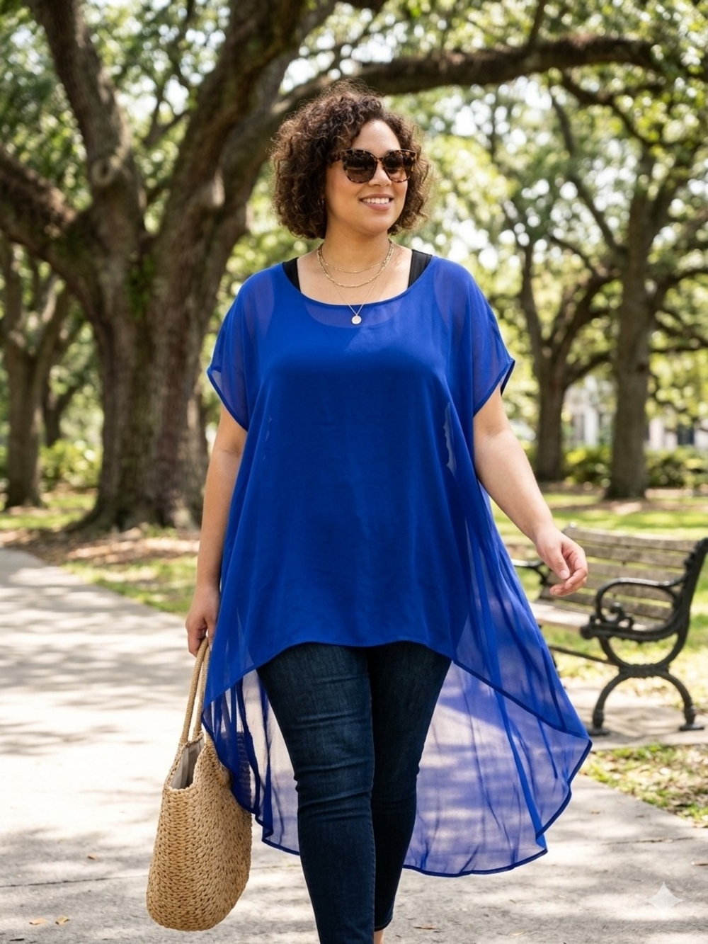 Dots Sheer High-Low Tunic in Royal Blue • Size 3x